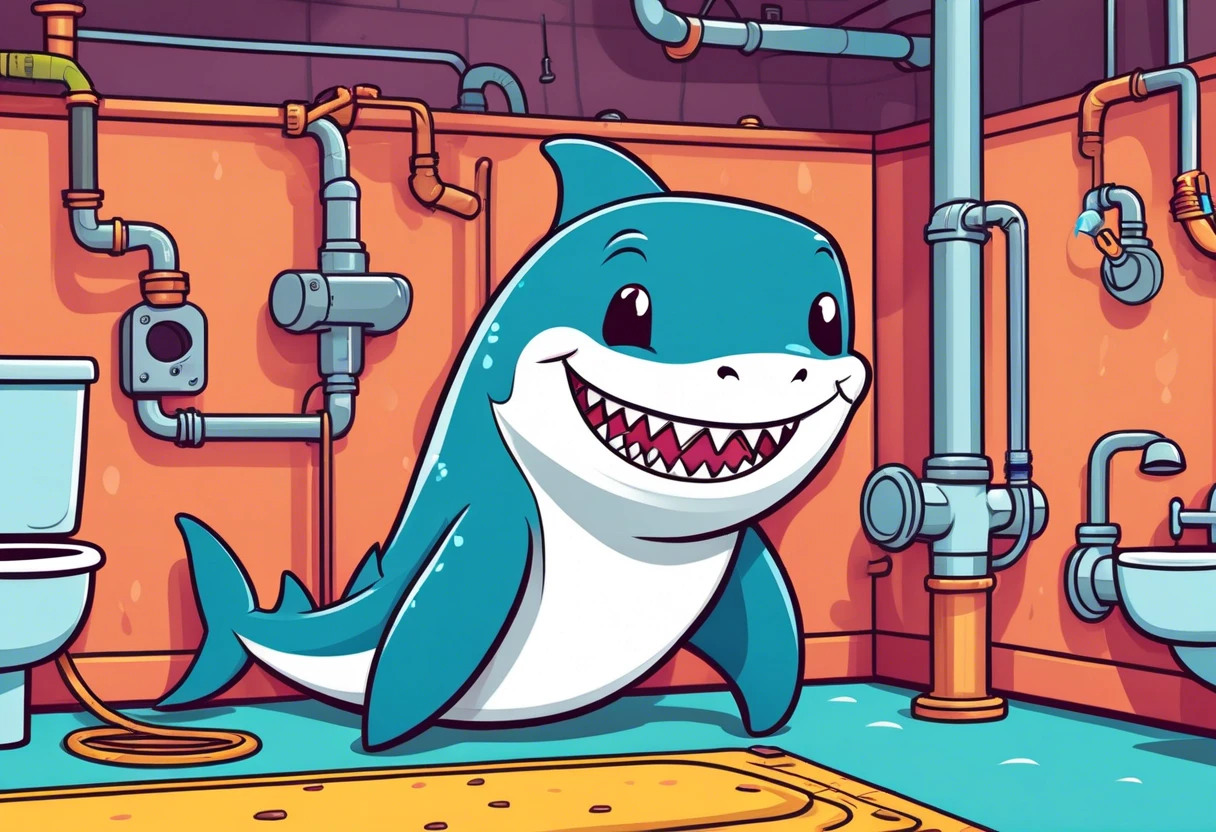 Cartoon shark in a plumbing setting, symbolizing shark bites for plumbing.