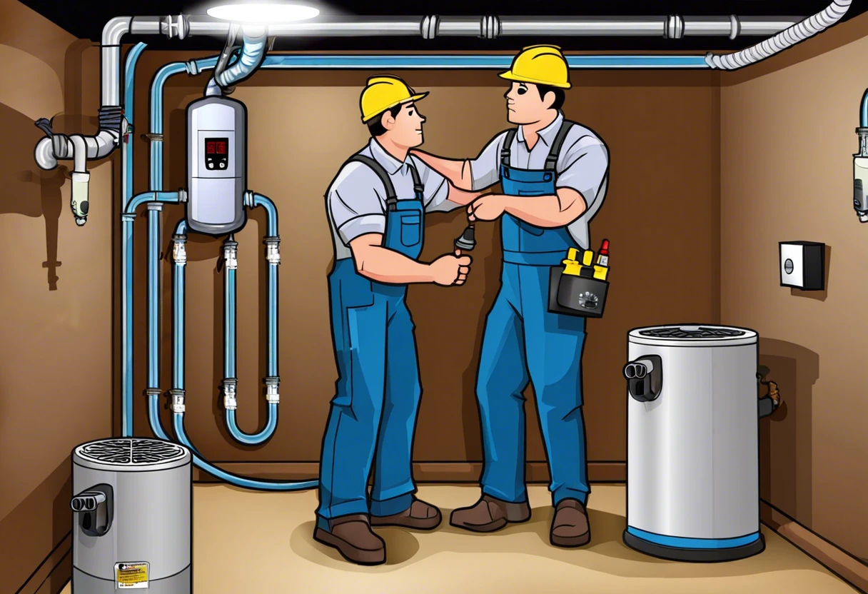 Illustration of two technicians discussing water heater installation in a basement setting, highlighting plumbing and HVAC aspects.