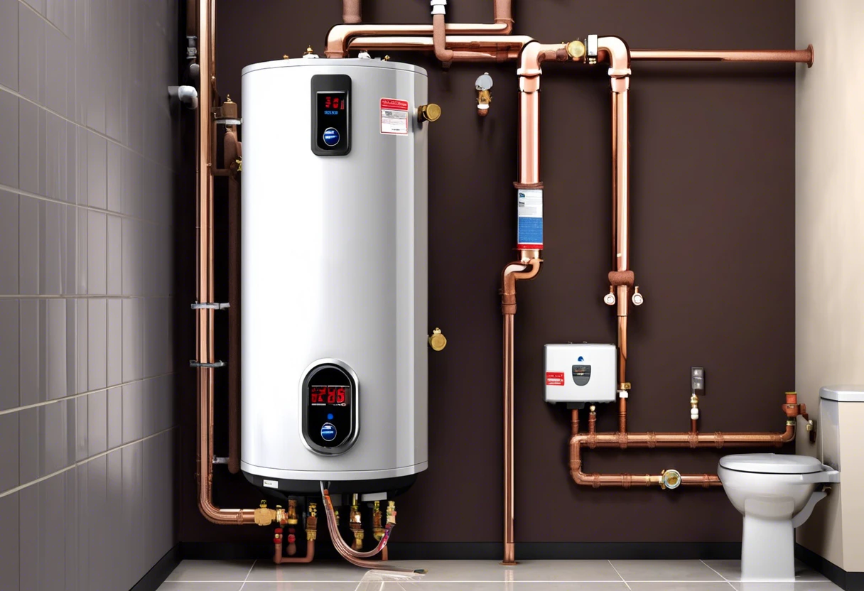 A modern water heater installed with plumbing and HVAC connections in a home